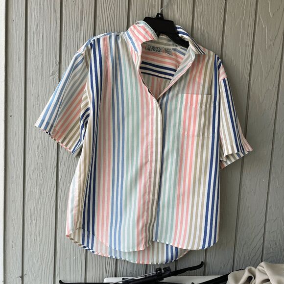 VTG 80s Corner Stone Pastel Stripe Shirt L XL Oversized Short Sleeve Button Up - Picture 6 of 9
